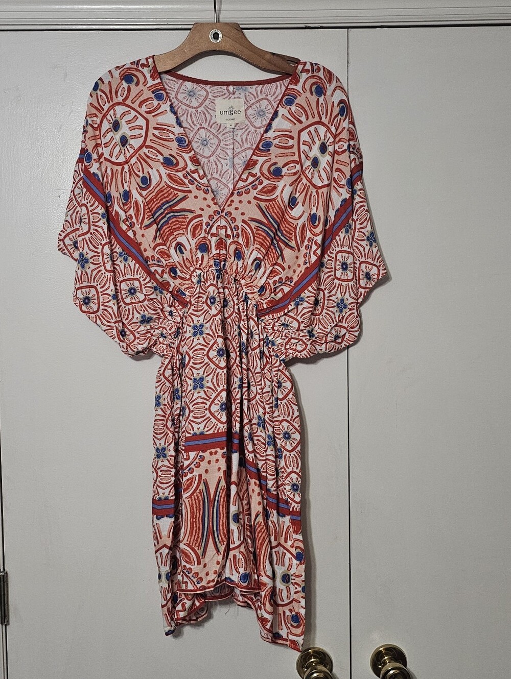 Umgee New Collection Boho V-Neck Super Stretch Waist Dress in RW&B Multi NWOT